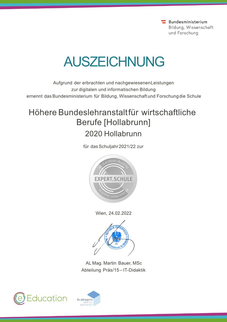 HLW Hollabrunn 2021/2022 wieder Expert.Schule
